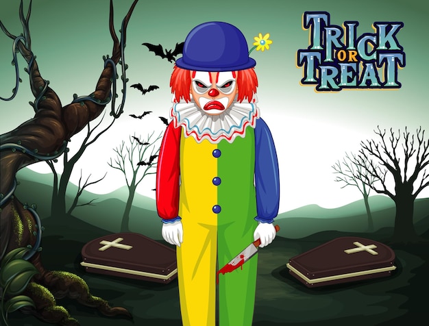 Free Vector killer clown on dark cemetery forest background