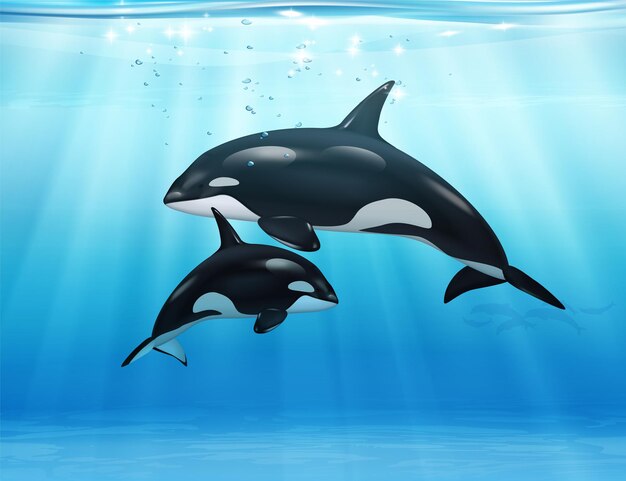 Killer whales in sea illustration