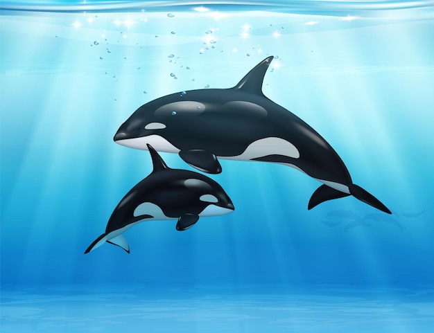 Killer whales in sea illustration