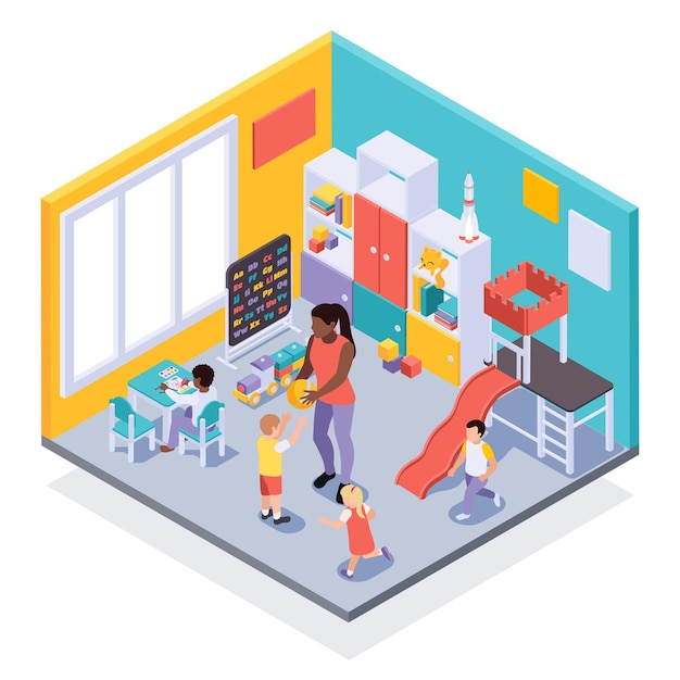 Free Vector kindergarten classroom playful learning environment interior isometric view with children moving around playing with teacher