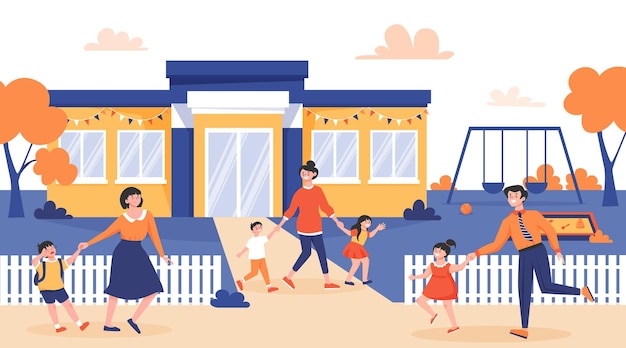 Kindergarten composition of outdoor scenery with building and yard with swing and nursery teachers walking kids vector illustration