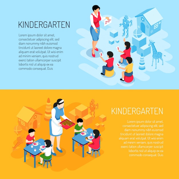 Free Vector kindergarten isometric banners kids during eating and learning of count on blue orange  isolated 