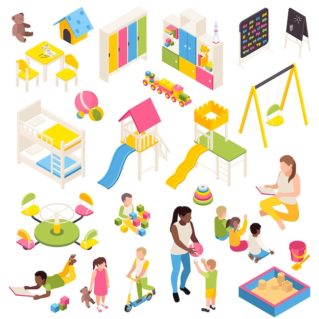 Kindergarten isometric set of isolated characters of kids and toys with play equipment furniture and blackboards vector illustration