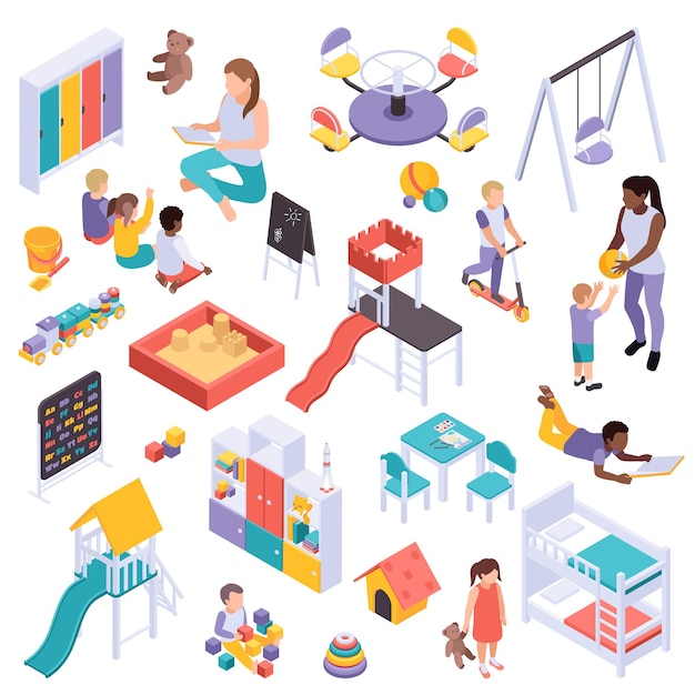 Kindergarten isometric set with isolated images of play equipment toys and human characters on blank background vector illustration