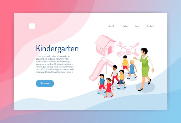 Kindergarten isometric web page with group of preschoolers educator and objects of play ground 