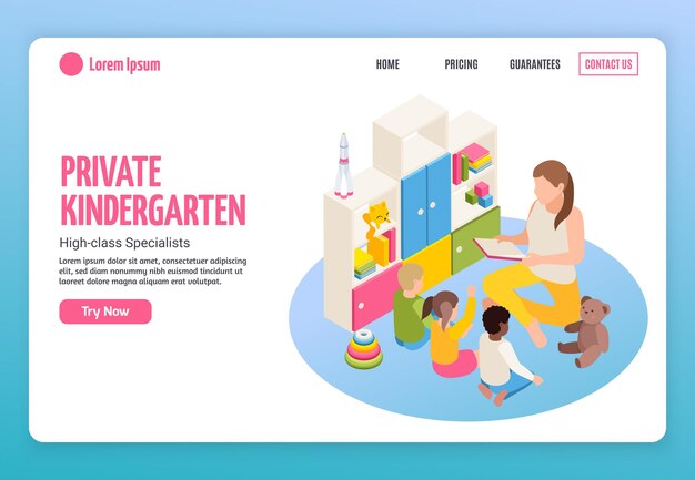 Kindergarten isometric web site landing page template with clickable links editable text and buttons with images