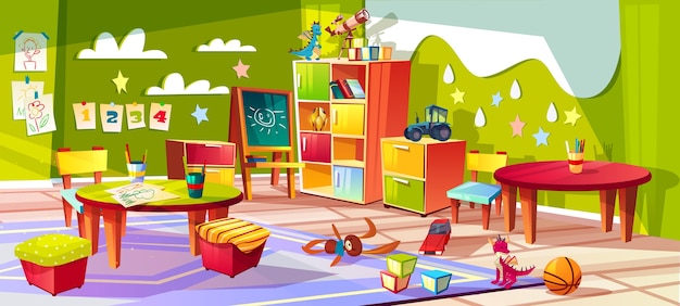 Free vector kindergarten or kid room interior illustration. empty cartoon background with child toys