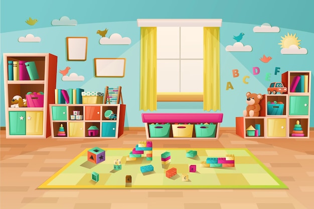 Free Vector kindergarten playroom interior colored background with furniture toys and books cartoon vector illustration