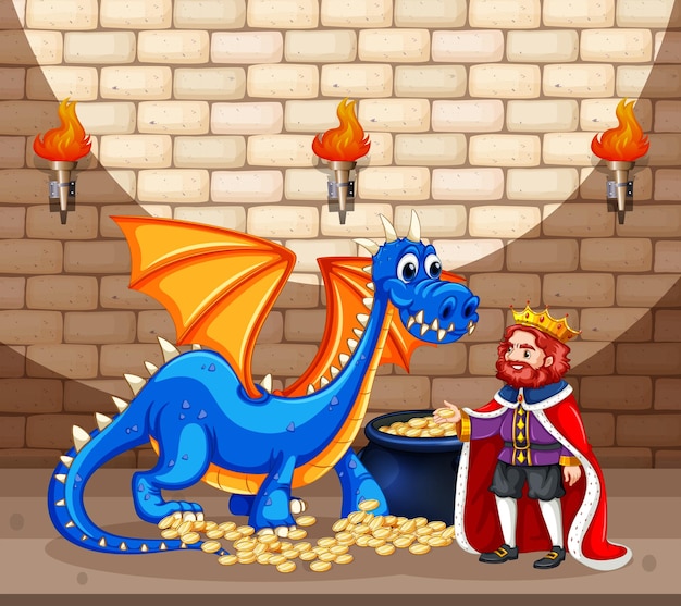 Free vector king and blue dragon with gold coins