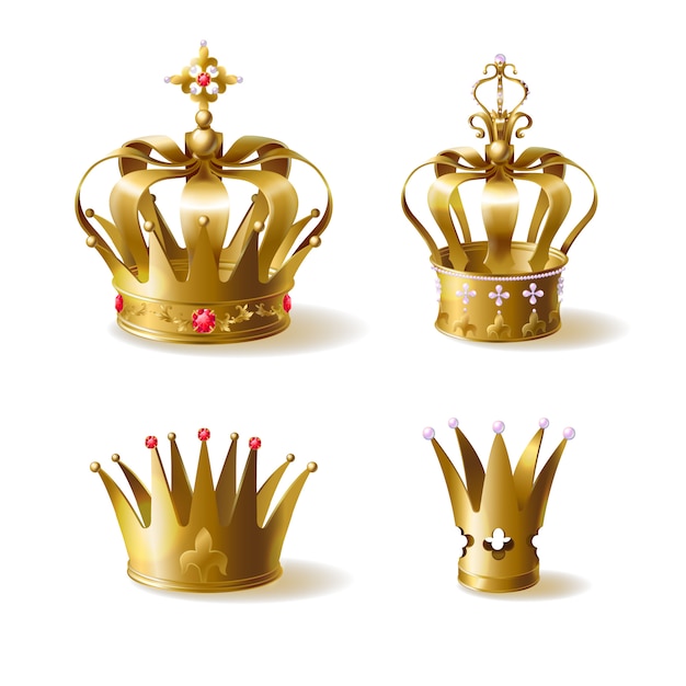 King or queen golden crowns decorated with precious gems