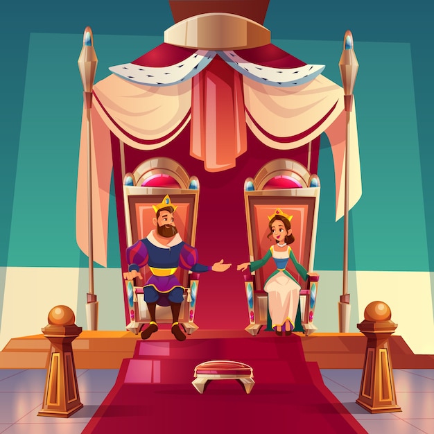 Free Vector king and queen sitting on thrones in palace.