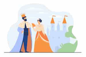 Free vector king and queen standing in front of castle flat vector illustration. cartoon monarchs as symbol of royal leadership. government authority, monarchy and aristocracy hierarchy concept