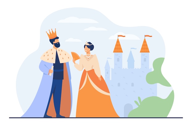 Free Vector king and queen standing in front of castle flat vector illustration. cartoon monarchs as symbol of royal leadership. government authority, monarchy and aristocracy hierarchy concept