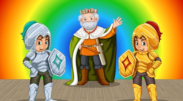 Free Vector king and two warriors cartoon character on rainbow gradient background