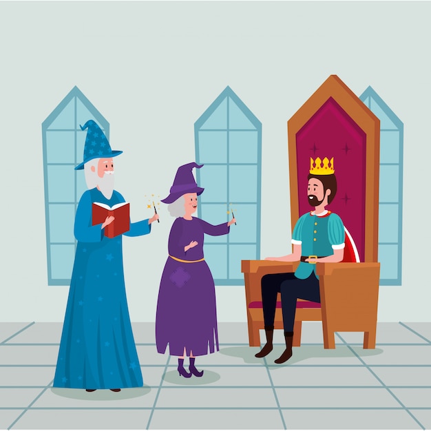 Free vector king with wizard and witch in castle