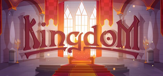 Free Vector kingdom cartoon banner, medieval castle hall interior with king royal throne, red flags and arch windows. computer game background, book cover with fantasy palace, fairy tale story vector illustration