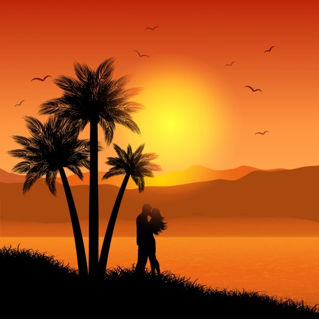 Free Vector kissing couple in tropical landscape