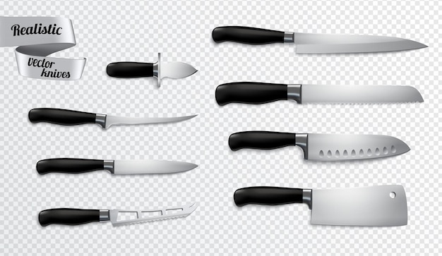 Kitchen butchers knives set closeup realistic image with boning slicer carver chef cleaver clipping path