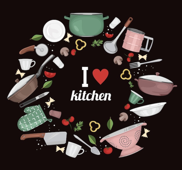 Free Vector kitchen chalkboard with round composition of isolated icons of kitchenware with vegetable slices and editable text vector illustration