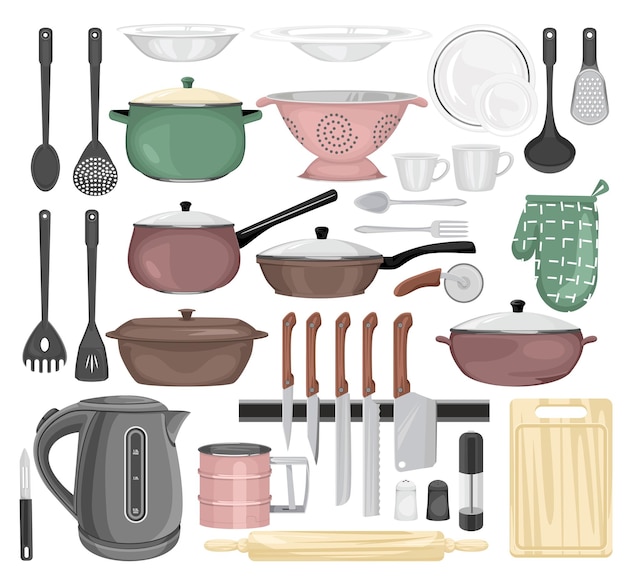 Free vector kitchen color set of isolated icons with frying pans cooking pots cutlery and various kitchenware images vector illustration