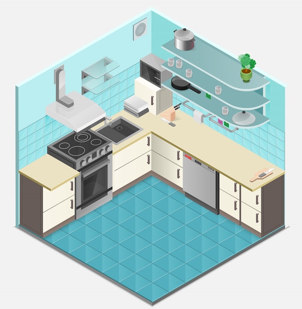 Free vector kitchen interior isometric template