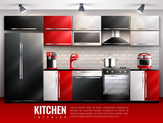 Kitchen interior modern design concept in realistic style with household equipment appliances and utensil