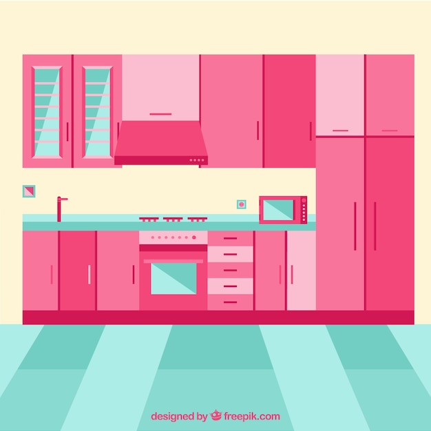 Kitchen interior with pink furniture