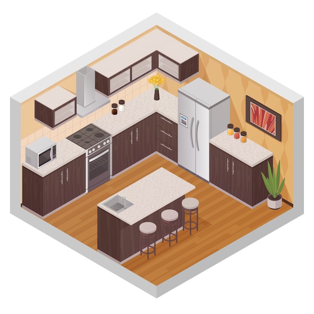 Kitchen modern interior design composition in isometric style with household equipment appliances an