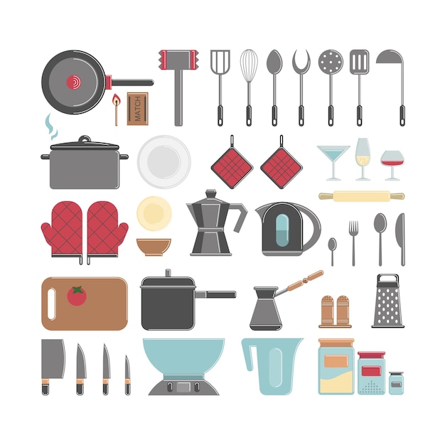 Kitchen utensils and appliances on white background Gloves knives pot and more