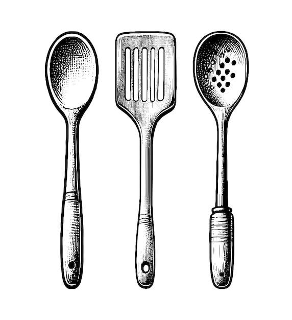 Free Vector kitchen utensils vector hand drawn rustic wooden kitchenware set of spoon dotted spoon and spatula