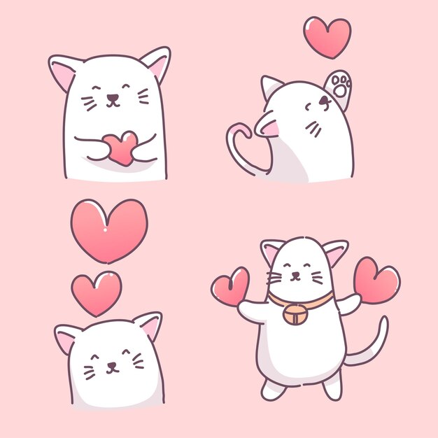 kitten in love with hearts illustrations set