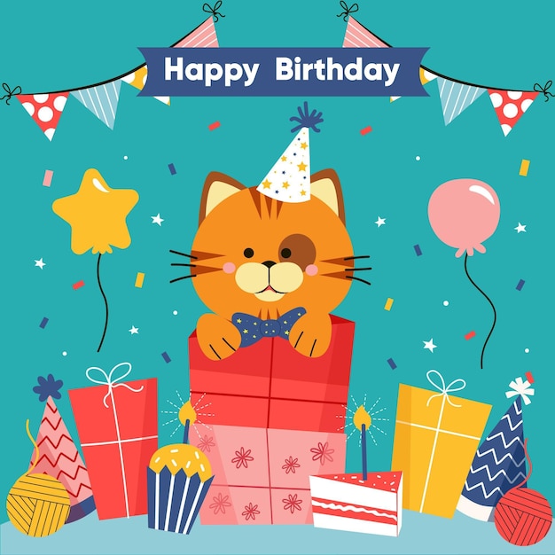 Free Vector kitty birthday illustration with gifts and balloons