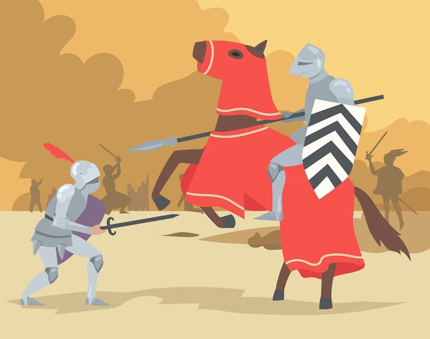 Free vector knight on horse and dismount warrior fighting