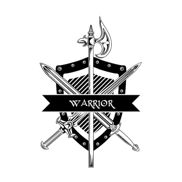 Knight weapon vector illustration. Crossed swords, ax, shield and warrior text. Guard and protection concept for emblems or badges templates