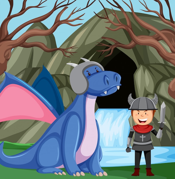 Free Vector knight with dragon in forest