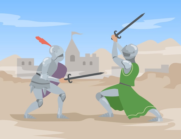 Free Vector knights duel with swords at ancient city. brave medieval solders men people in heavy steel armor fighting