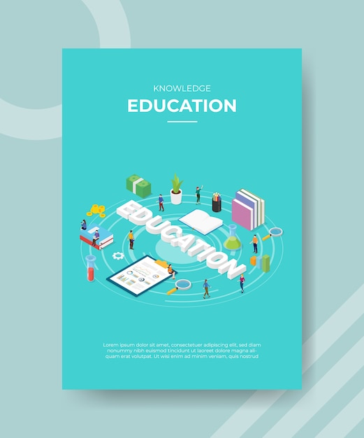 Knowledge education people standing around chart board stack book EDUCATION text for template of banner and flyer