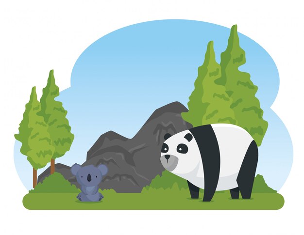 Koala and panda wild animals with trees and stones