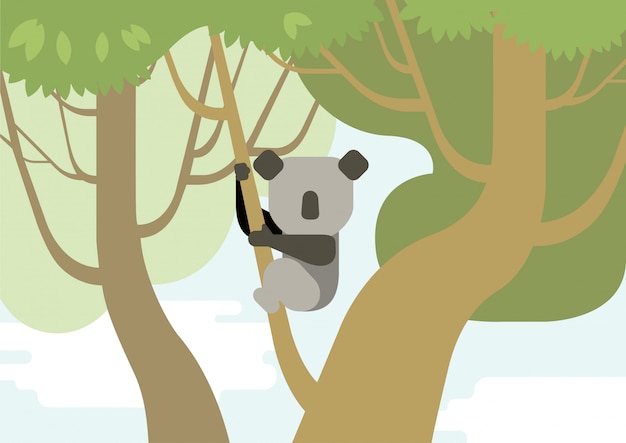 Koala on tree branch flat cartoon