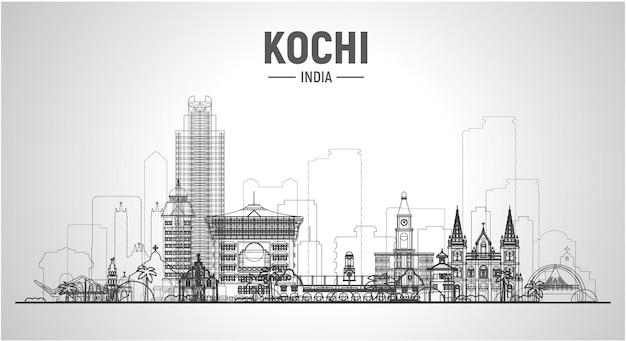 Kochi  India  city line skyline at white background Flat vector illustration Business travel and tourism concept with modern buildings Image for banner or website