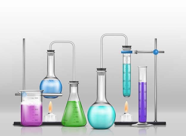 Free Vector  lab graduated glassware filled with different color reagents, lab flasks connected with test tubes 