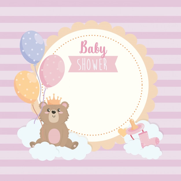 Label of teddy bear wearing crown with balloons and ribbon