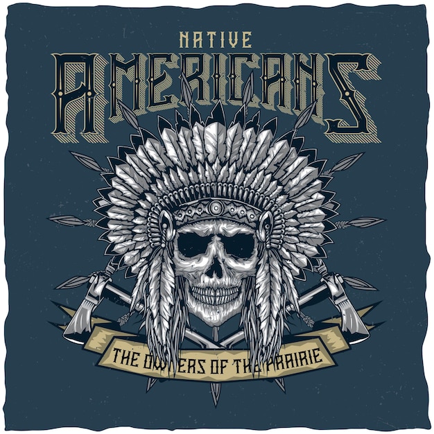 Free Vector label with american indian chief skull with tomahawk.