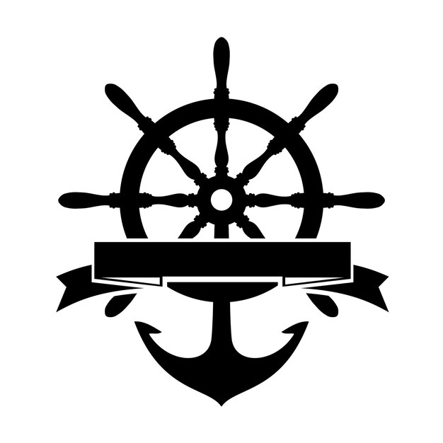 Label with Steering Wheel and Anchor on white background