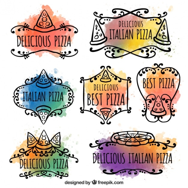 Free Vector labels for pizza painted with watercolor