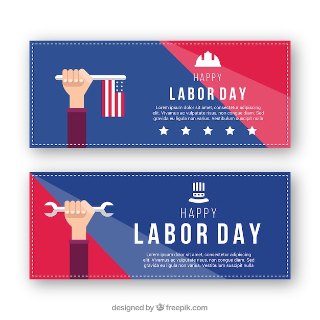 Free Vector labor day banners with american flag and wrench