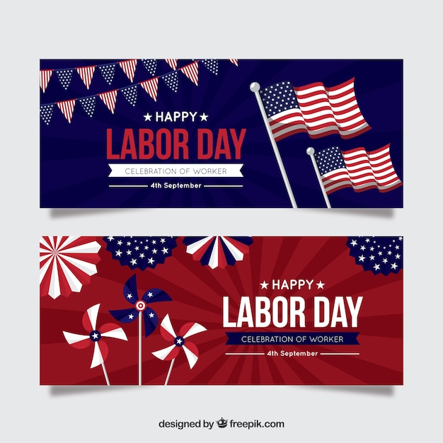 Labor day banners with american flags