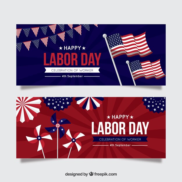 Labor day banners with american flags