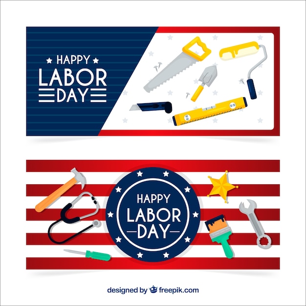 Free Vector labor day banners with tools and flags