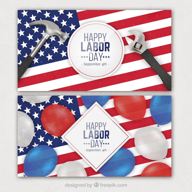 Free Vector labor day's banners with flag, tools and balloons